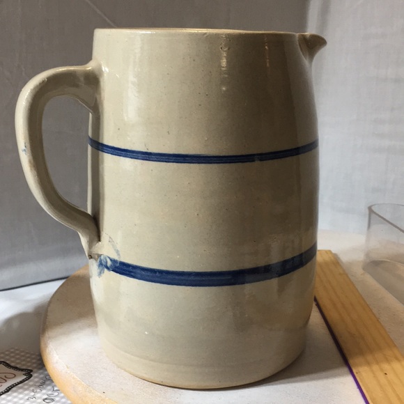 Vintage crockery pottery milk water pitcher gray/horizontal blue stripe